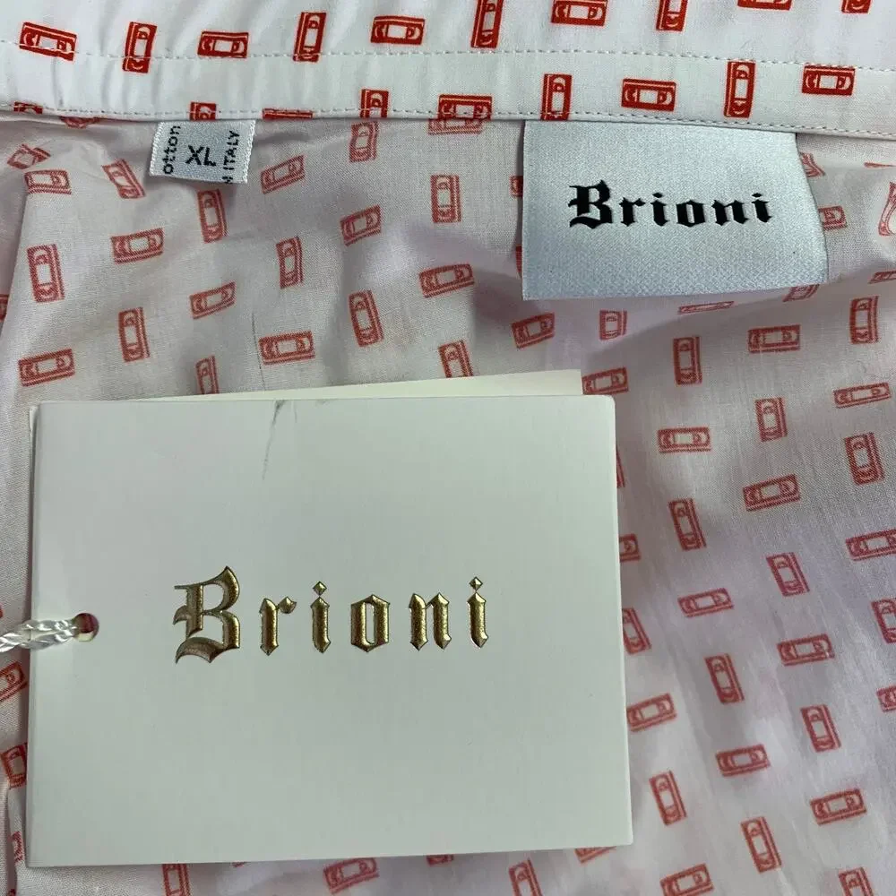 BRIONI Size XL White Red VHS Tape Cotton Long Sleeve Shirt - Picture 5 of 6